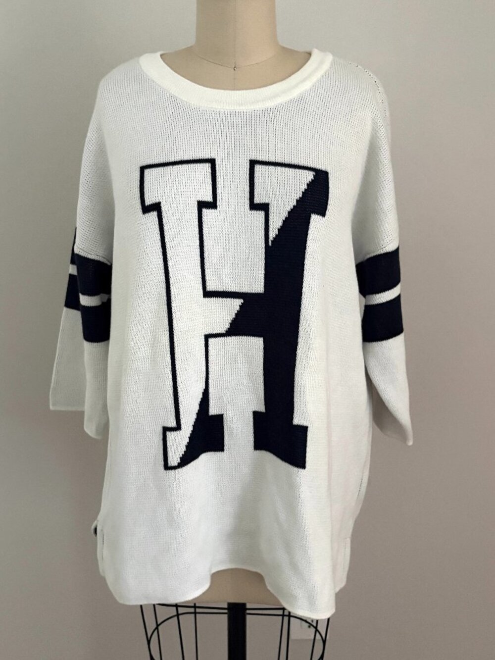 Tommy Hilfiger Collegiate H Knit Sweater White Navy Striped Varsity Preppy M